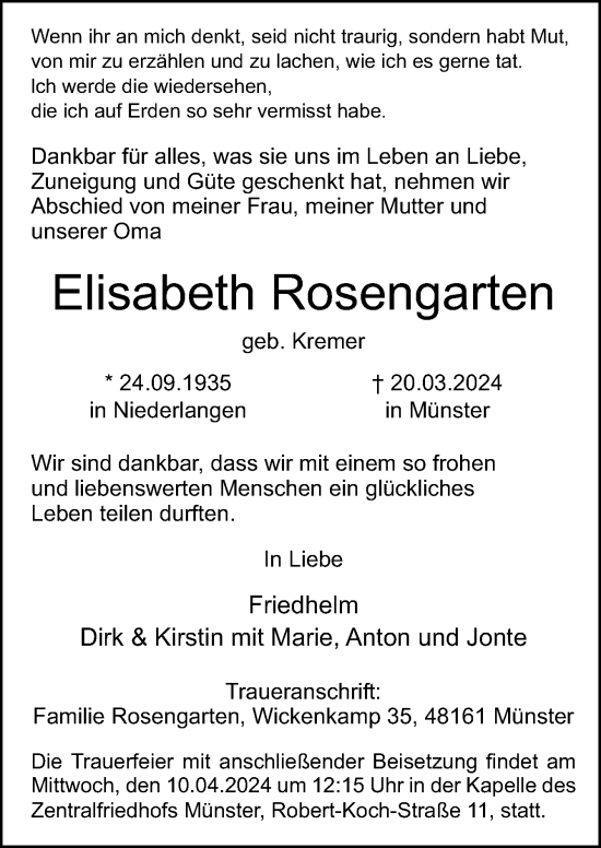 Traueranzeige von Elisabeth Rosengarten von Neue Osnabrücker Zeitung GmbH & Co. KG