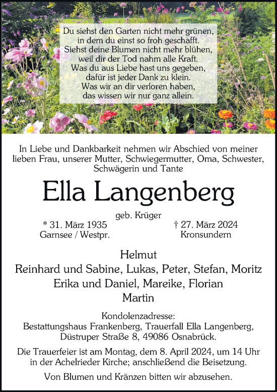 Traueranzeige von Ella Langenberg von Neue Osnabrücker Zeitung GmbH & Co. KG