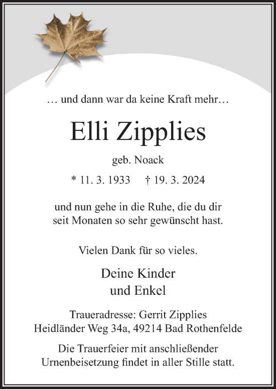 Traueranzeige von Elli Zipplies von Neue Osnabrücker Zeitung GmbH & Co. KG