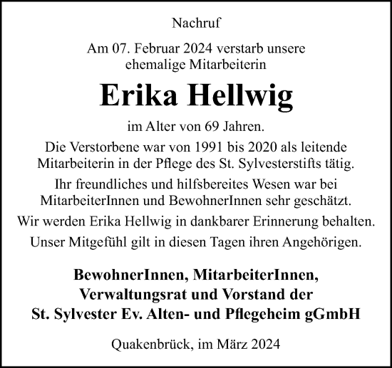 Traueranzeige von Erika Hellwig von Neue Osnabrücker Zeitung GmbH & Co. KG