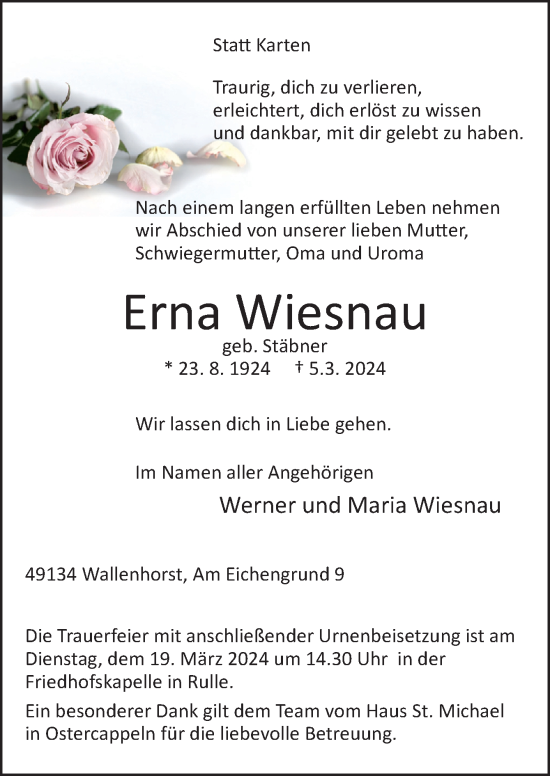 Traueranzeige von Erna Wiesnau von Neue Osnabrücker Zeitung GmbH & Co. KG