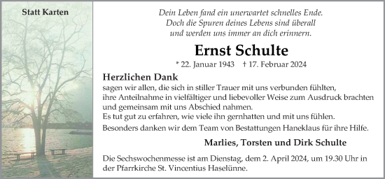 Traueranzeige von Ernst Schulte von Neue Osnabrücker Zeitung GmbH & Co. KG