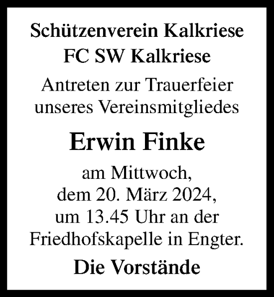 Traueranzeige von Erwin Finke von Neue Osnabrücker Zeitung GmbH & Co. KG