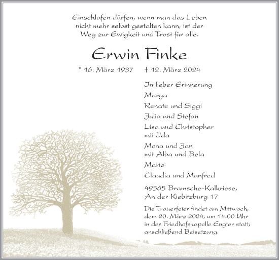 Traueranzeige von Erwin Finke von Neue Osnabrücker Zeitung GmbH & Co. KG