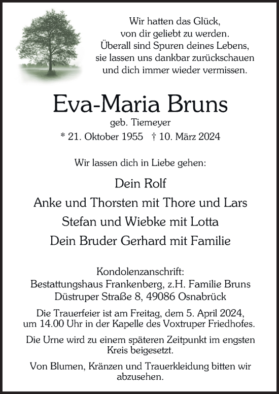 Traueranzeige von Eva-Maria Bruns von Neue Osnabrücker Zeitung GmbH & Co. KG