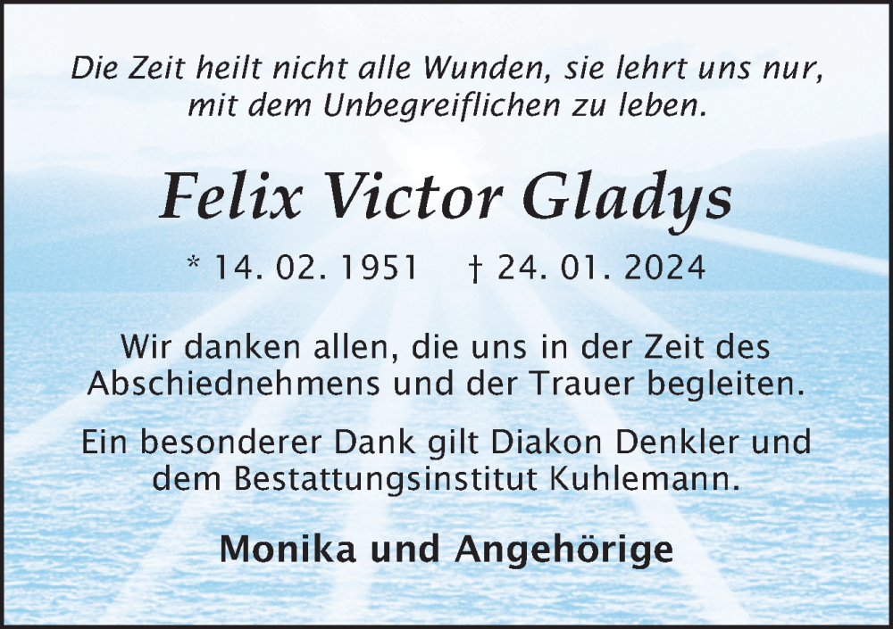  Traueranzeige für Felix Victor Gladys vom 16.03.2024 aus Neue Osnabrücker Zeitung GmbH & Co. KG