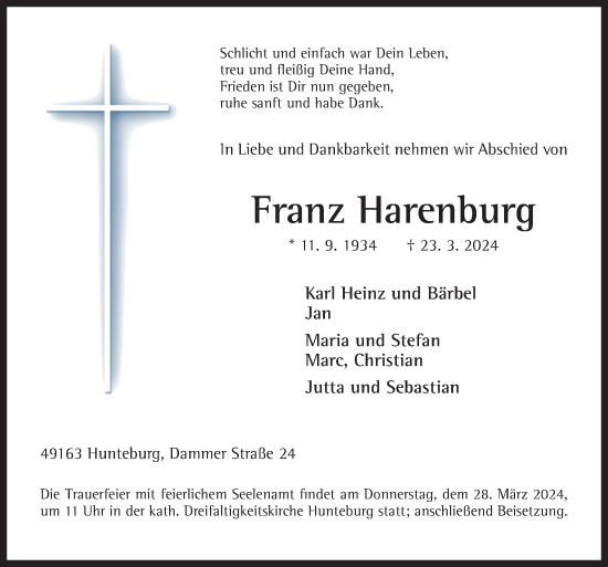 Traueranzeige von Franz Harenburg von Neue Osnabrücker Zeitung GmbH &amp; Co. KG