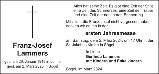 Traueranzeige von Franz-Josef Lammers von Neue Osnabrücker Zeitung GmbH & Co. KG