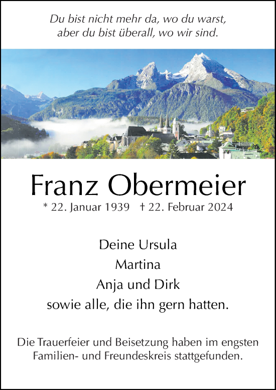 Traueranzeige von Franz Obermeier von Neue Osnabrücker Zeitung GmbH & Co. KG