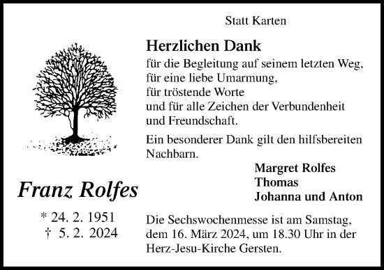 Traueranzeige von Franz Rolfes von Neue Osnabrücker Zeitung GmbH & Co. KG