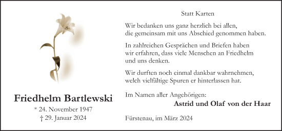 Traueranzeige von Friedhelm Bartlewski von Neue Osnabrücker Zeitung GmbH & Co. KG