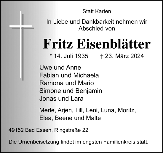 Traueranzeige von Fritz Eisenblätter von Neue Osnabrücker Zeitung GmbH & Co. KG