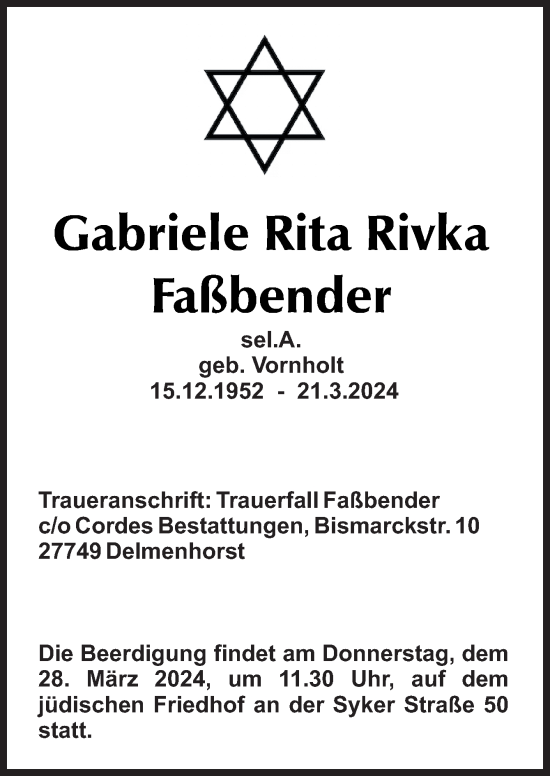Traueranzeige von Gabriele Rita Rivka Faßbender von DK Medien GmbH & Co. KG