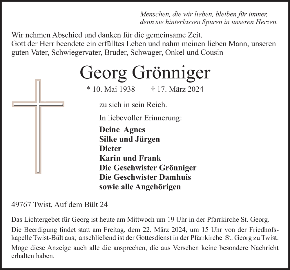  Traueranzeige für Georg Grönniger vom 20.03.2024 aus Neue Osnabrücker Zeitung GmbH & Co. KG