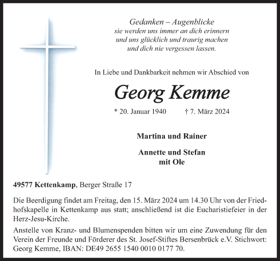 Traueranzeige von Georg Kemme von Neue Osnabrücker Zeitung GmbH & Co. KG