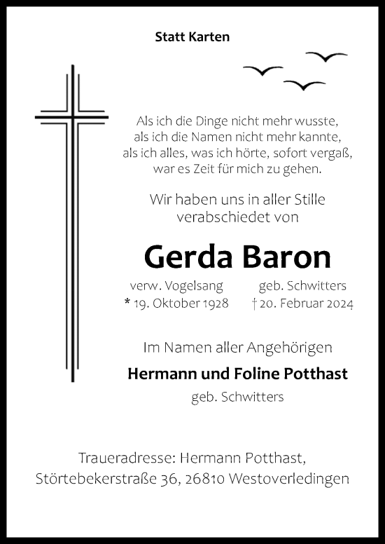 Traueranzeige von Gerda Baron von Neue Osnabrücker Zeitung GmbH & Co. KG