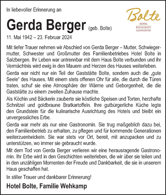 Traueranzeige von Gerda Berger von Neue Osnabrücker Zeitung GmbH & Co. KG