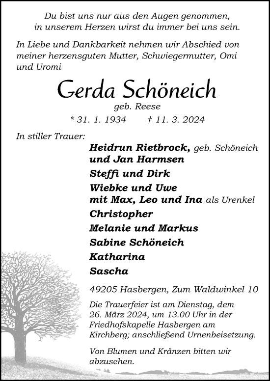 Traueranzeige von Gerda Schöneich von Neue Osnabrücker Zeitung GmbH & Co. KG