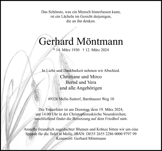 Traueranzeige von Gerhard Möntmann von Neue Osnabrücker Zeitung GmbH & Co. KG