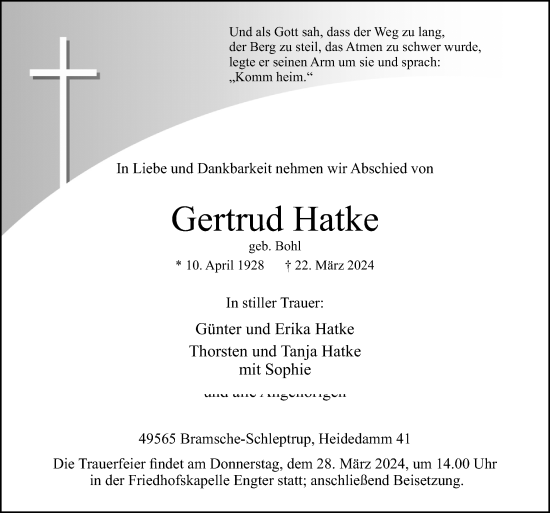 Traueranzeige von Gertrud Hatke von Neue Osnabrücker Zeitung GmbH & Co. KG