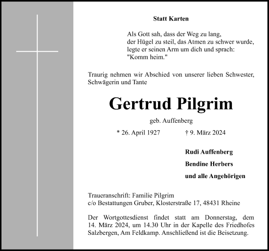 Traueranzeige von Gertrud Pilgrim von Neue Osnabrücker Zeitung GmbH & Co. KG