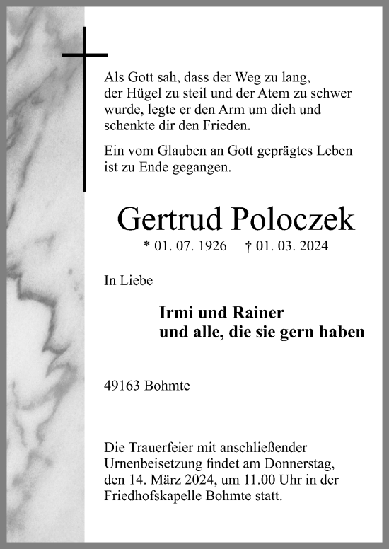 Traueranzeige von Gertrud Poloczek von Neue Osnabrücker Zeitung GmbH & Co. KG