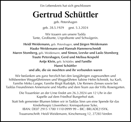 Traueranzeige von Gertrud Schüttler von DK Medien GmbH & Co. KG