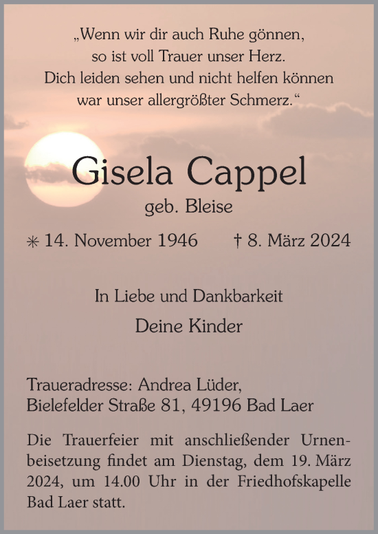 Traueranzeige von Gisela Cappel von Neue Osnabrücker Zeitung GmbH & Co. KG