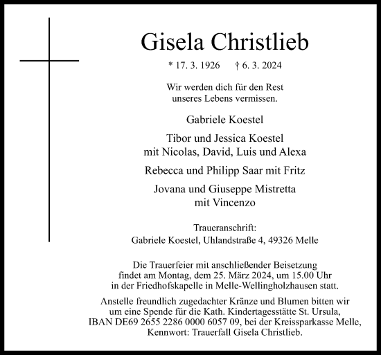 Traueranzeige von Gisela Christlieb von Neue Osnabrücker Zeitung GmbH & Co. KG
