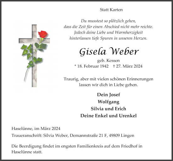 Traueranzeige von Gisela Weber von Neue Osnabrücker Zeitung GmbH & Co. KG
