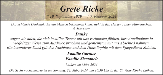 Traueranzeige von Grete Ricke von Neue Osnabrücker Zeitung GmbH & Co. KG