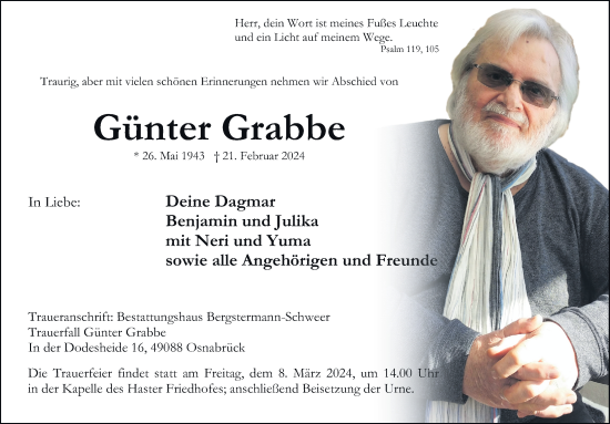 Traueranzeige von Günter Grabbe von Neue Osnabrücker Zeitung GmbH & Co. KG