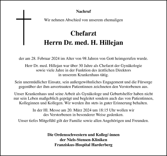 Traueranzeige von H. Hillejan von Neue Osnabrücker Zeitung GmbH & Co. KG