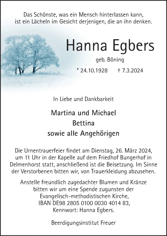 Traueranzeige von Hanna Egbers von DK Medien GmbH & Co. KG
