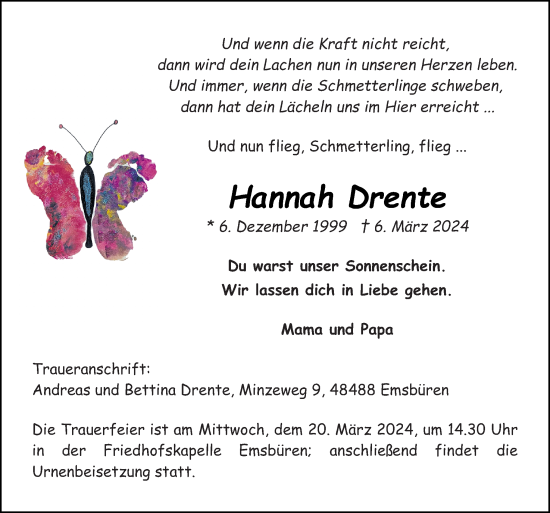 Traueranzeige von Hannah Drente von Neue Osnabrücker Zeitung GmbH & Co. KG