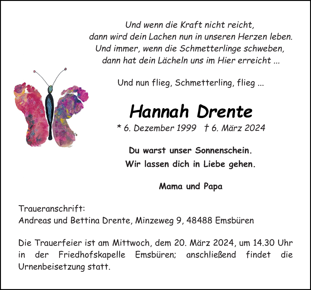  Traueranzeige für Hannah Drente vom 15.03.2024 aus Neue Osnabrücker Zeitung GmbH & Co. KG