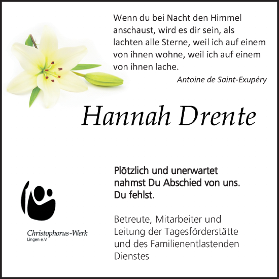 Traueranzeige von Hannah Drente von Neue Osnabrücker Zeitung GmbH & Co. KG