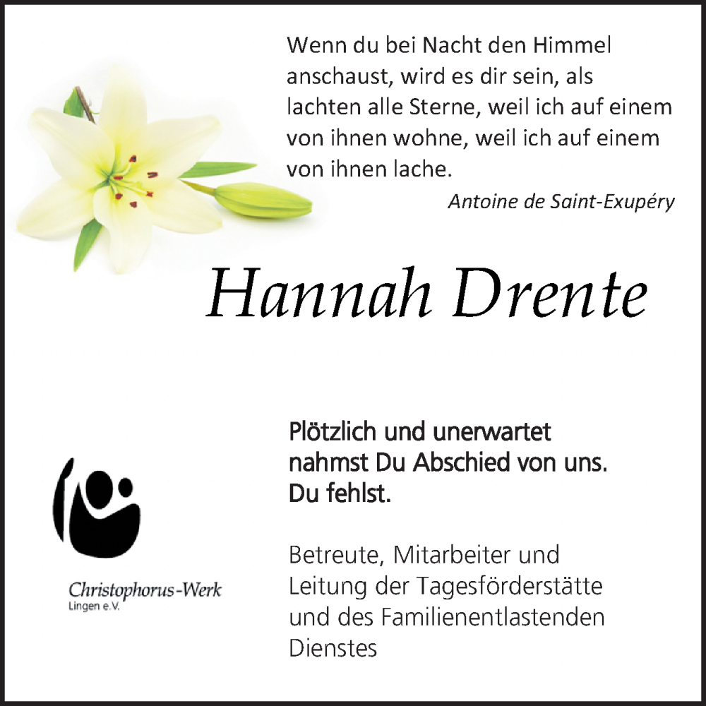  Traueranzeige für Hannah Drente vom 20.03.2024 aus Neue Osnabrücker Zeitung GmbH & Co. KG