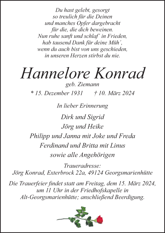 Traueranzeige von Hannelore Konrad von Neue Osnabrücker Zeitung GmbH & Co. KG
