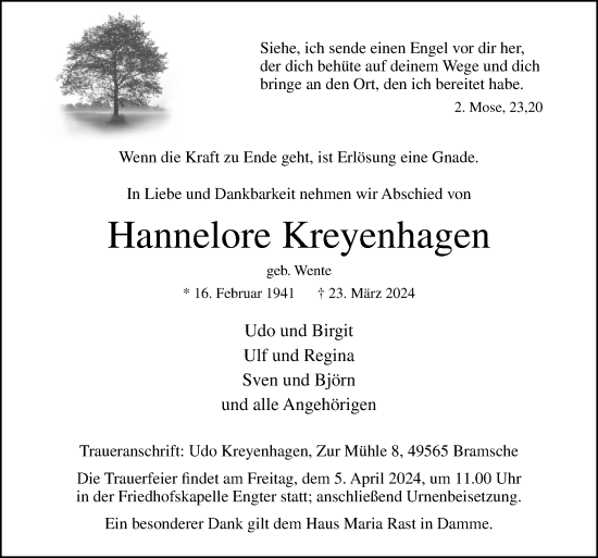 Traueranzeige von Hannelore Kreyenhagen von Neue Osnabrücker Zeitung GmbH & Co. KG
