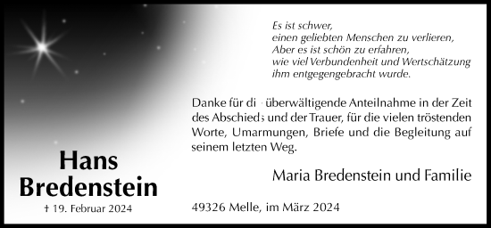 Traueranzeige von Hans Bredenstein von Neue Osnabrücker Zeitung GmbH & Co. KG