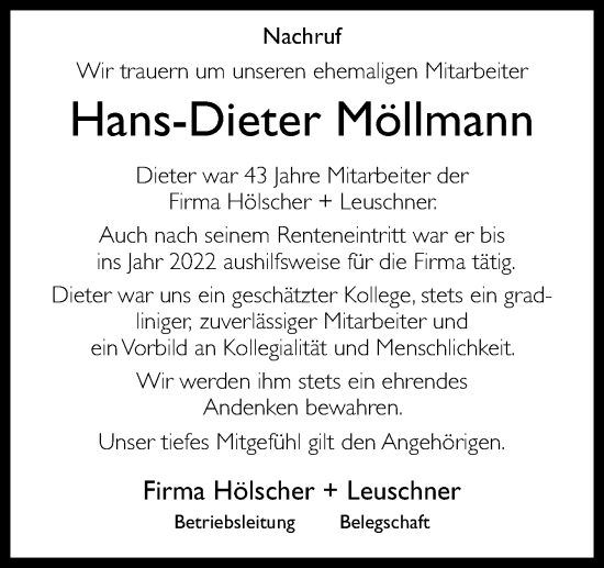 Traueranzeige von Hans-Dieter Möllmann von Neue Osnabrücker Zeitung GmbH & Co. KG