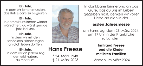 Traueranzeige von Hans Freese von Neue Osnabrücker Zeitung GmbH & Co. KG