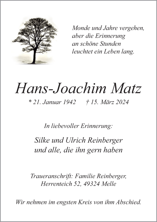 Traueranzeige von Hans-Joachim Matz von Neue Osnabrücker Zeitung GmbH & Co. KG