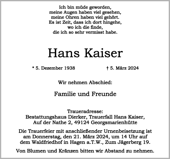 Traueranzeige von Hans Kaiser von Neue Osnabrücker Zeitung GmbH & Co. KG