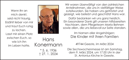 Traueranzeige von Hans Konermann von Neue Osnabrücker Zeitung GmbH & Co. KG