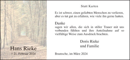 Traueranzeige von Hans Rieke von Neue Osnabrücker Zeitung GmbH & Co. KG