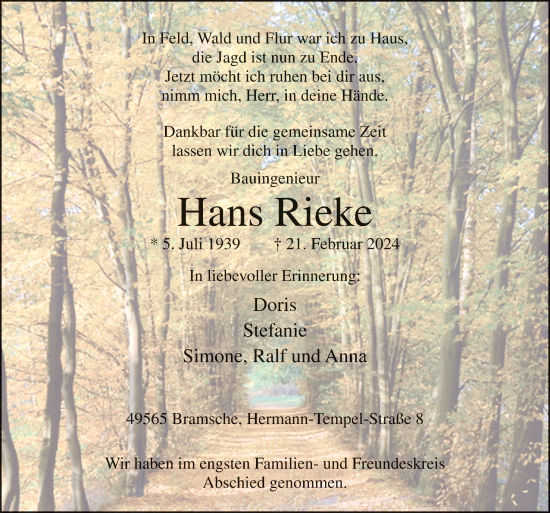 Traueranzeige von Hans Rieke von Neue Osnabrücker Zeitung GmbH & Co. KG