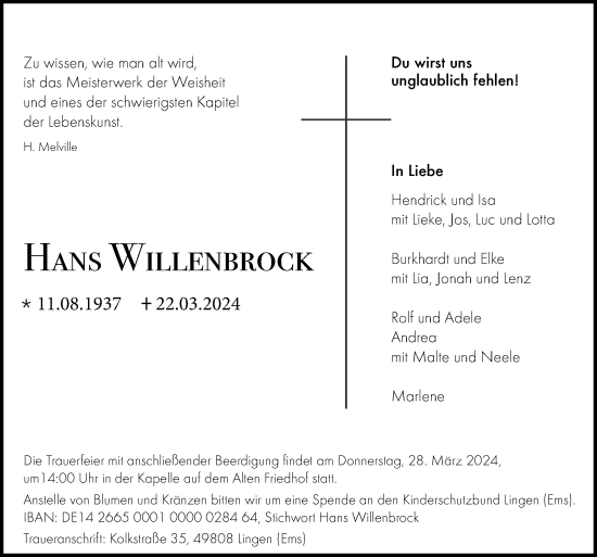 Traueranzeige von Hans Willenbrock von Neue Osnabrücker Zeitung GmbH & Co. KG