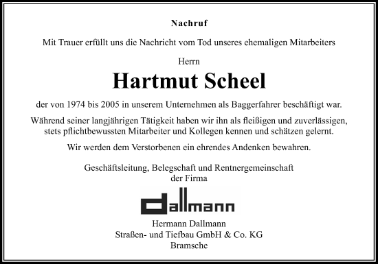 Traueranzeige von Hartmut Scheel von Neue Osnabrücker Zeitung GmbH & Co. KG